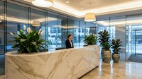 Modern office reception area with marble desk, professional woman receptionist, glass walls and contemporary lighting design for corporate spaces.