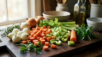 Fresh chopped vegetables on wooden cutting board in rustic kitchen setting with herbs and cooking ingredients for healthy meal preparation and culinary cooking.