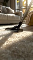 Vacuum cleaner head on plush carpet in sunlit living room with white sofa, capturing warm evening light streaming through windows, creating cozy atmosphere.