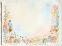 Watercolor celebration border with colorful balloons, gift boxes, and floral elements on aged paper. Isolated design perfect for invitations, cards, and party backgrounds.