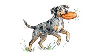Dog catching flying disc in mouth, isolated on white background, ready for design use on apparel and marketing materials.