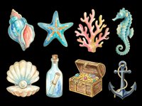 Watercolor ocean and sea life elements including shell, starfish, coral, seahorse, pearl shell, message bottle, treasure chest, and anchor isolated on transparent background. Ready for t-shirt design, clipart, stickers, sublimation, and print-on-demand projects.