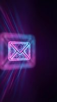 Futuristic neon email icon with glowing pink and blue light effects on dark background for digital communication and technology concepts.