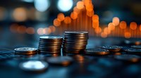 Stacks of coins against blurred bokeh lights background showing financial growth and investment concept, with warm orange glow and dark tones.