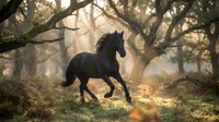 Black horse galloping through misty forest with dramatic sunlight filtering through trees. Powerful stallion in motion among woodland branches.