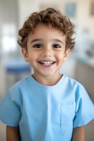 Cheerful young mixed-race boy with curly hair wearing light blue medical gown smiling brightly in healthcare setting, representing pediatric care and wellness.