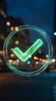 Glowing green checkmark icon in circular frame against blurred city lights at night. Digital approval symbol for business success and verification concepts.