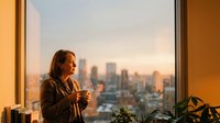 Professional businesswoman enjoying morning coffee by office window overlooking city skyline at sunrise, corporate lifestyle and work-life balance concept.