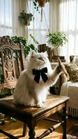 White fluffy cat wearing black bow tie sitting on wooden chair in sunlit room with hanging plants, ornate furniture and sheer curtains.