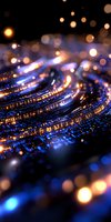 Abstract digital wave of blue and gold light particles with bokeh effect on dark background, creating futuristic technology concept.
