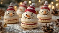 Adorable snowman macarons with red striped hats and orange noses arranged on snowy surface with warm bokeh lights for festive holiday baking and dessert displays.