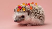 Adorable hedgehog with colorful autumn leaves on spines against soft pink background for seasonal greeting cards and fall decorations.