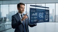 Process optimization dashboard displayed by male professional in modern office setting with city skyline view, representing business analytics and digital transformation solutions.