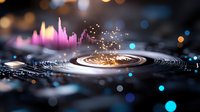 Digital financial data visualization with glowing stock market charts, golden ripple effect, and cyan bokeh lights on dark circuit board background for trading analytics.