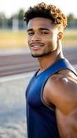 Young African American male athlete in blue tank top smiling confidently at sunset on outdoor track, showcasing strength and determination in sports portrait.