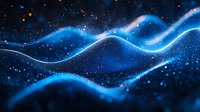 Abstract blue energy waves flowing through cosmic space with glowing particles and starfield background for digital technology and science concepts.