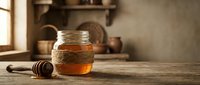 Golden honey jar with wooden dipper on rustic kitchen counter, warm natural lighting creates cozy farmhouse atmosphere for culinary and wellness content.