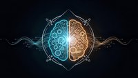 Futuristic brain with glowing circuits and gears representing artificial intelligence and human consciousness merger on dark background.