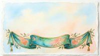 Watercolor decorative banner with floral ornaments, roses, gold tassels, and teal ribbon on soft pastel sky background for greeting cards.