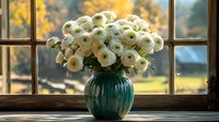 White ranunculus flowers in emerald glass vase on wooden windowsill with autumn foliage background for home decor and floral arrangement inspiration.