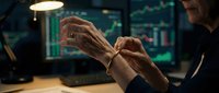 Middle-aged male trader analyzing stock market data on multiple monitors, gesturing at financial charts during late-night trading session in modern office.