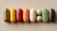 Colorful dietary supplements and vitamin pills arranged in a row on neutral background, showcasing various natural herbal capsules and tablets.