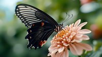 Black swallowtail butterfly with distinctive wing pattern perched on peach-colored dahlia flower against soft bokeh garden background, macro nature photography.