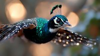 Close up portrait of male peacock head with iridescent blue-green feathers and distinctive crown against soft bokeh background, showing natural wildlife elegance.