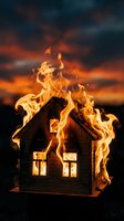 Wooden house model engulfed in dramatic orange flames against stormy sunset sky for insurance, disaster, emergency and fire safety concepts.