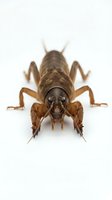 Brown cricket isolated on white background, top view macro shot. Suitable for educational materials, nature design, and scientific illustration.