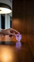 Hand touching glowing purple shield hologram on wooden desk representing cybersecurity protection and digital safety in modern office environment.