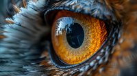 Extreme close-up of amber-colored animal eye with detailed iris, pupil, and surrounding fur texture in blue and orange tones.
