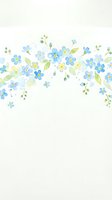 Watercolor floral border with blue and yellow flowers, green leaves, and scattered petals on white background. Isolated design element for invitations, cards, and decorative projects.