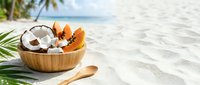 Wooden bowl with fresh coconut halves, papaya slices, and wooden spoon on sandy beach with tropical palm leaves and ocean backdrop for summer wellness content.