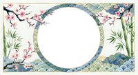 Asian-inspired frame with cherry blossoms, bamboo and traditional wave patterns. Decorative border for spring designs, oriental themes and cultural projects.