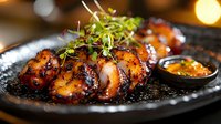 Grilled octopus tentacles glazed with sweet and savory Asian sauce, garnished with microgreens, served on black plate with dipping sauce. Gourmet seafood appetizer.