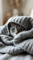 Cute tabby kitten with blue eyes peeking out from a cozy gray knit blanket indoors, capturing warmth and comfort at home.