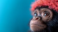 Close-up portrait of young orangutan face with pink hair against turquoise background showing expressive eyes and distinctive features, artistic wildlife photography.