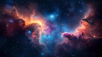 Vibrant cosmic nebula with glowing orange and pink gas clouds against deep blue space background, illuminated by bright stars creating dramatic celestial landscape.