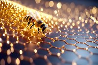 Golden hexagonal network structure with glowing connections and bokeh lights representing blockchain technology, cryptocurrency mining, and digital innovation.