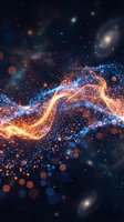 Abstract flowing energy waves with glowing particles in orange and blue tones against dark background. Suitable for technology, science, and digital design projects.