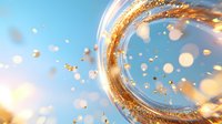 Swirling golden glitter particles and bokeh lights create magical curved motion trail against blue background, adding sparkle and festive atmosphere.
