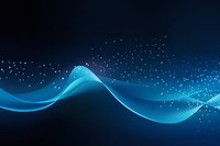 Abstract blue waves with glowing particles flowing on dark background, creating dynamic digital landscape for technology and science presentations.