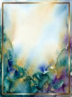 Watercolor abstract frame with soft blending of teal, gold, purple, and cream tones creating an ethereal background. Central white space ideal for text, invitations, or design overlays.