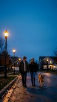 Young couple walking golden retriever dog on suburban street at dusk with glowing streetlights and residential homes creating warm evening atmosphere.