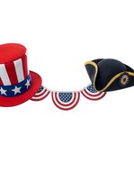 Patriotic top hat with stars and stripes alongside tricorn hat connected by red, white and blue circular bunting garland on white background, isolated for design use.