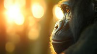 Close-up portrait of gorilla face in golden sunset light with bokeh background, showcasing thoughtful expression and detailed facial features.