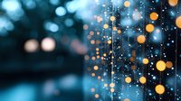 Abstract digital network with glowing golden particles and bokeh lights on dark blue background for technology and data visualization concepts.