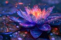 Magical glowing lotus flower with sparkling water drops in mystical purple and orange colors, perfect for meditation, spirituality and wellness designs.