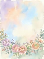 Soft watercolor floral border with pastel peonies, ranunculus, and eucalyptus on a dreamy gradient background, perfect for wedding invitations and cards.